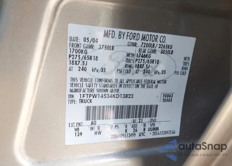 2004 Ford F-150 Fx4/Lariat/Xlt z USA, uszkodzony, nr VIN 1FTPW14534KD13823